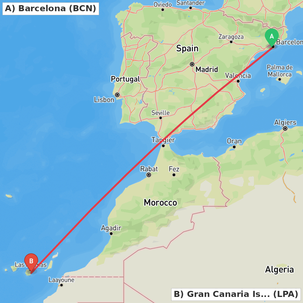 Flight route map from Barcelona to Gran Canaria Island