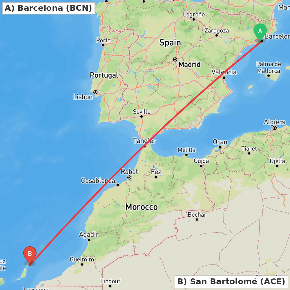 Flight route map from Barcelona to San Bartolomé
