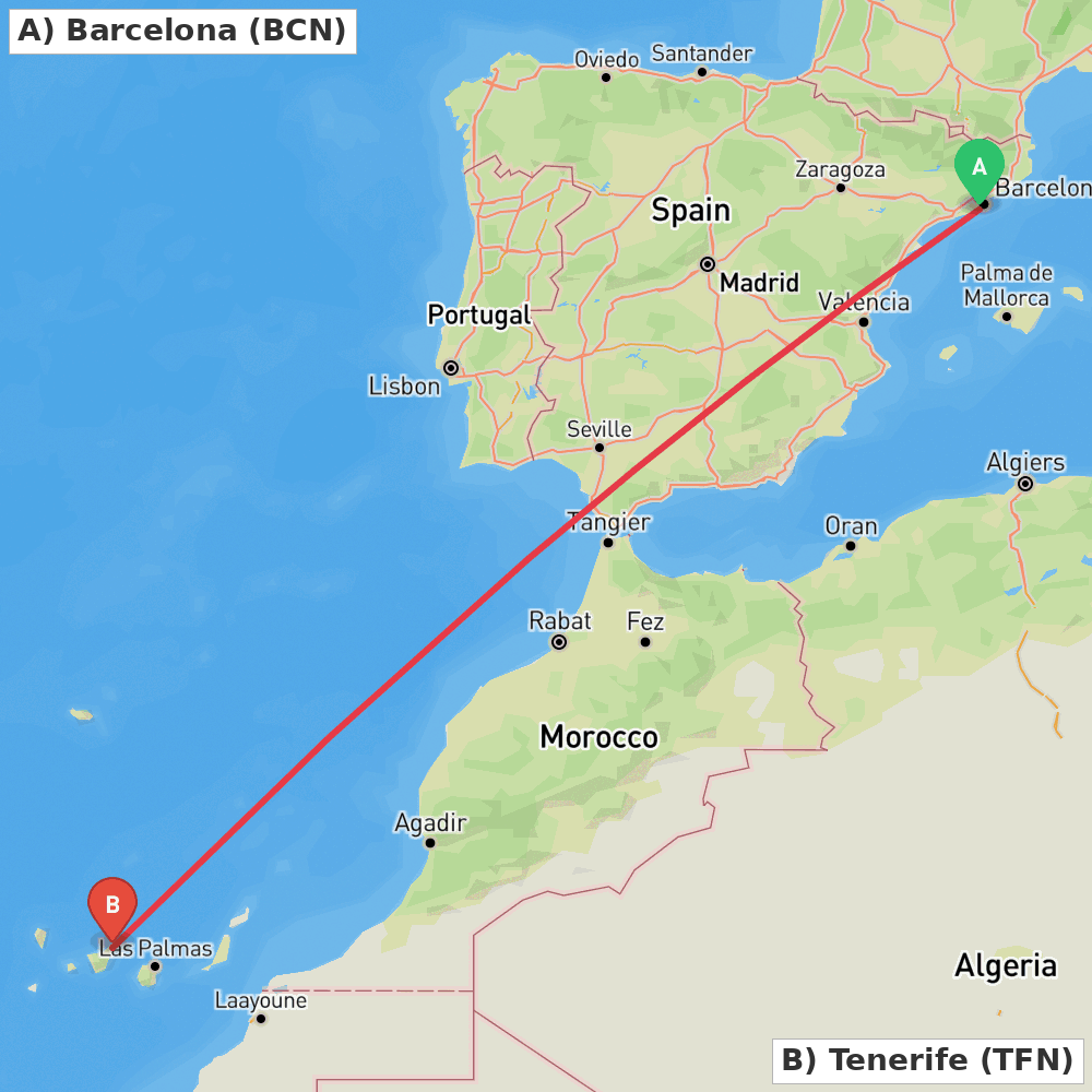 Flight route map from Barcelona to Tenerife