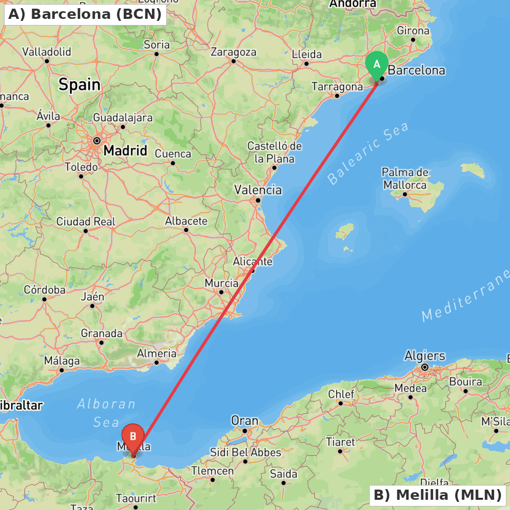 Flight route map from Barcelona to Melilla