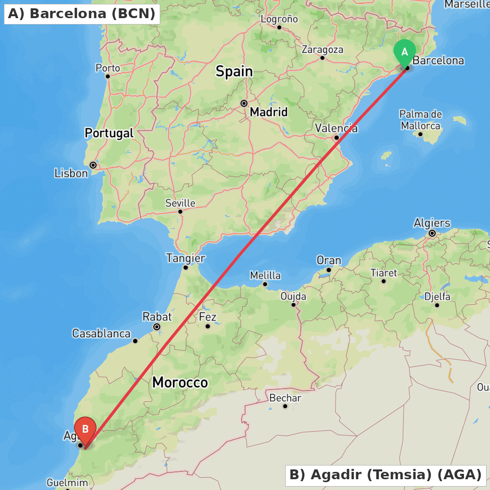 Flight route map from Barcelona to Agadir (Temsia)