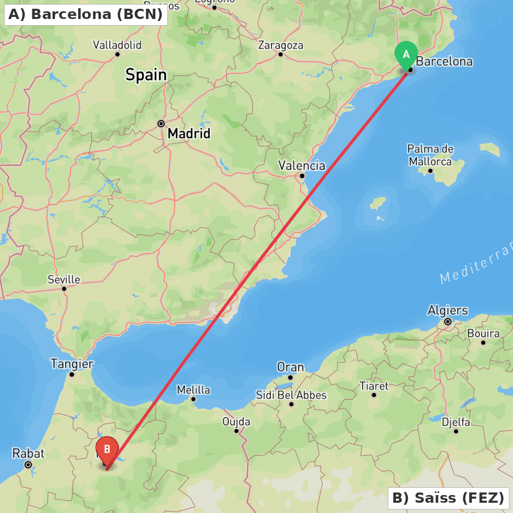 Flight route map from Barcelona to Saïss