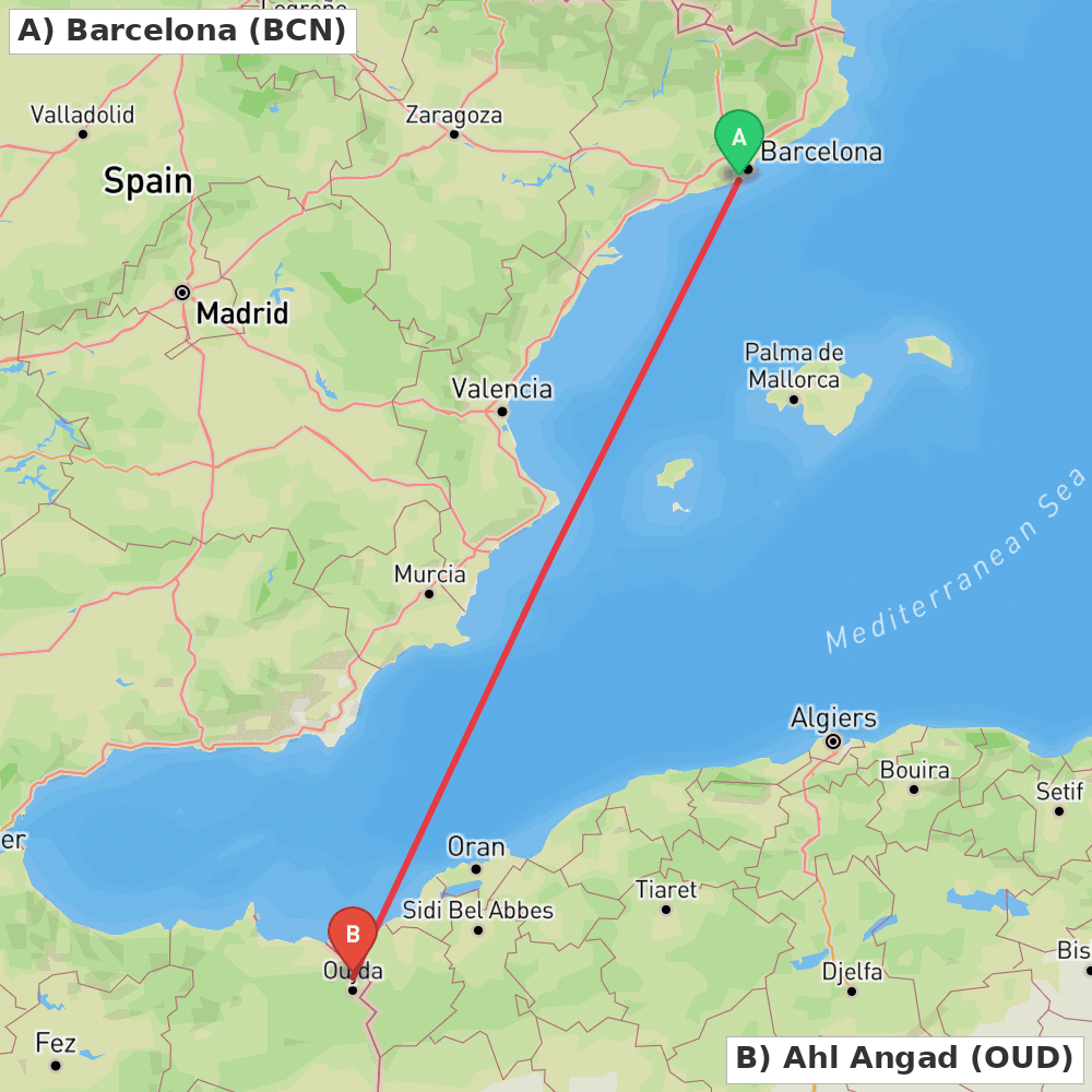 Flight route map from Barcelona to Ahl Angad