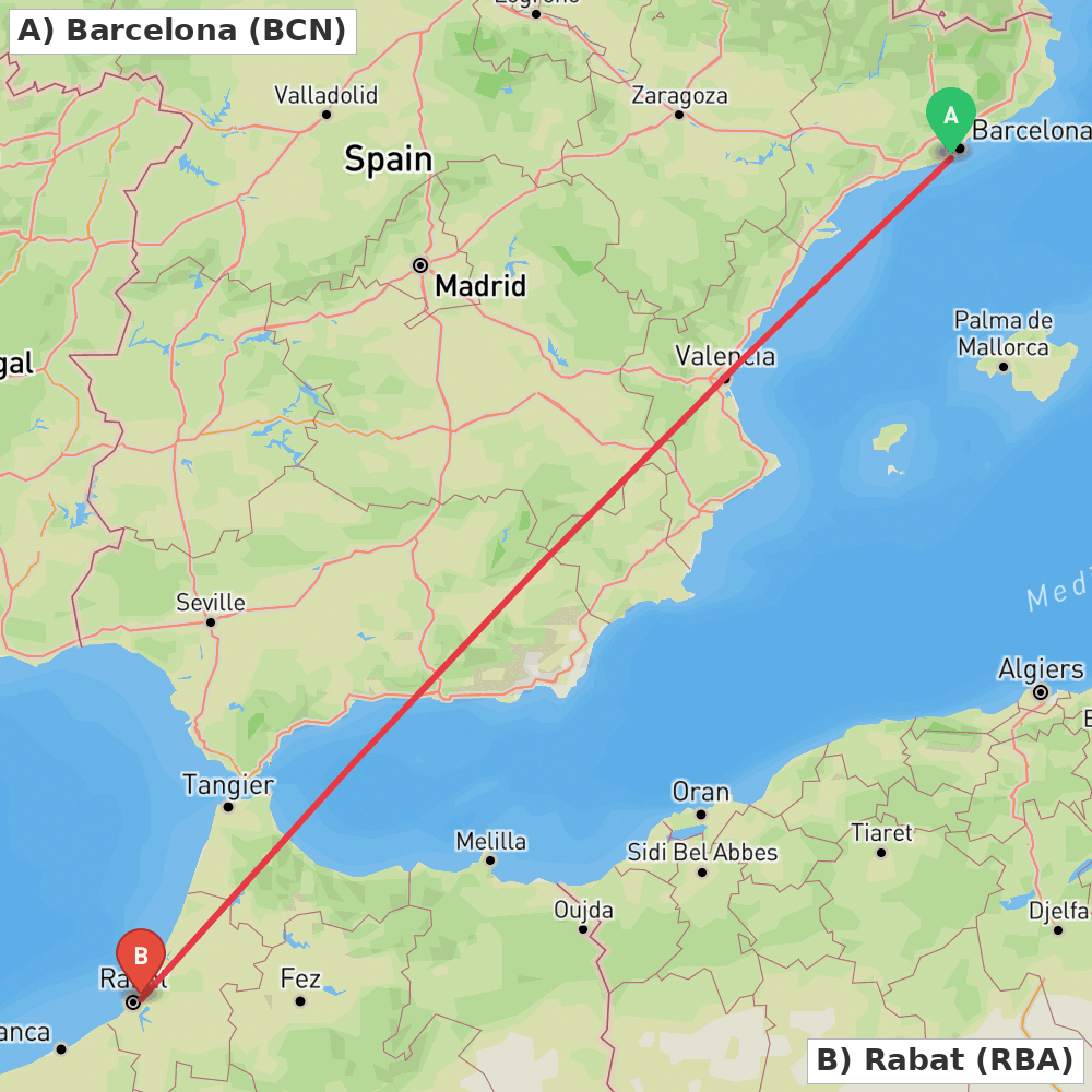 Flight route map from Barcelona to Rabat