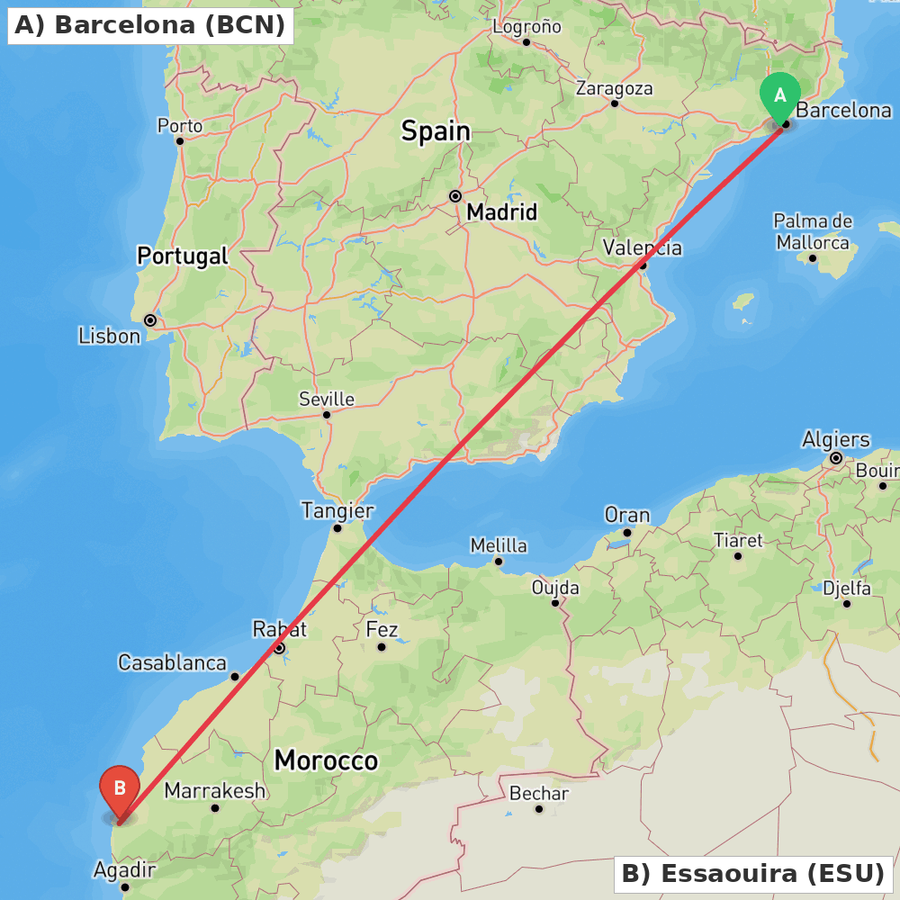 Flight route map from Barcelona to Essaouira