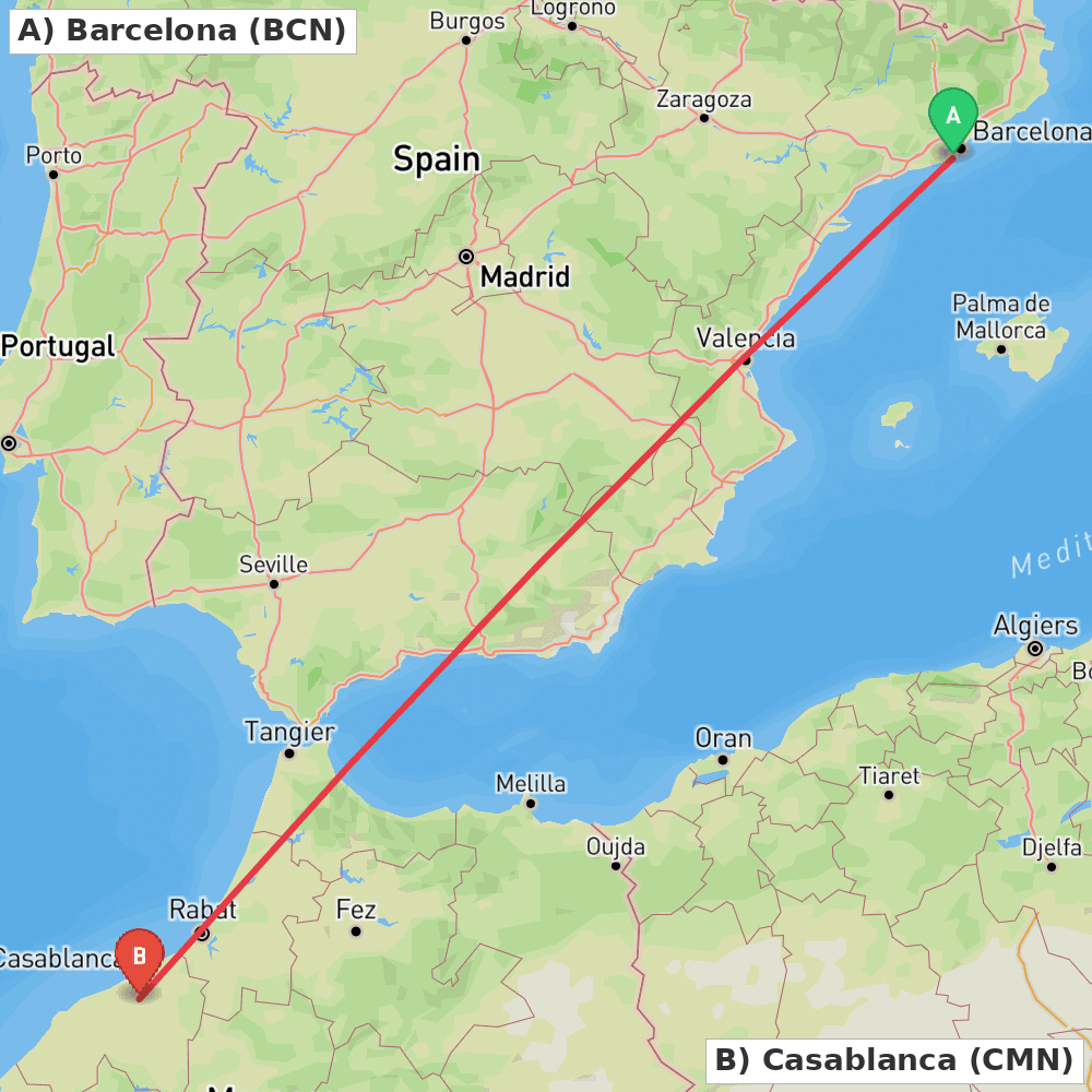 Flight route map from Barcelona to Casablanca