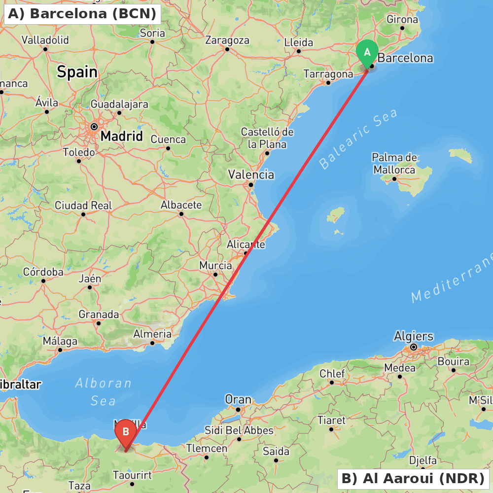 Flight route map from Barcelona to Al Aaroui