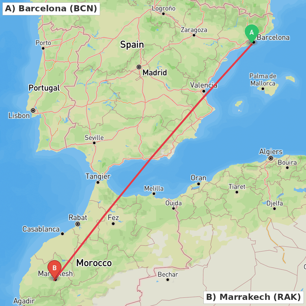 Flight route map from Barcelona to Marrakech