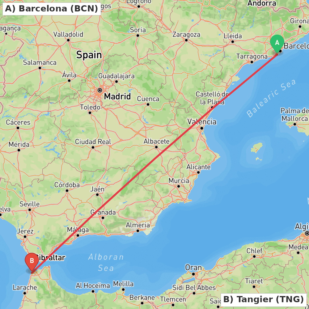 Flight route map from Barcelona to Tangier