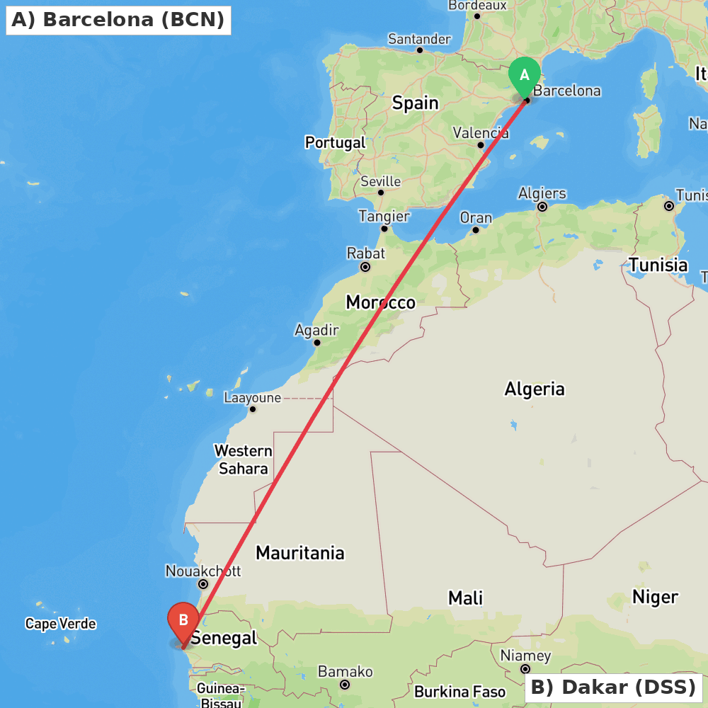 Flight route map from Barcelona to Dakar