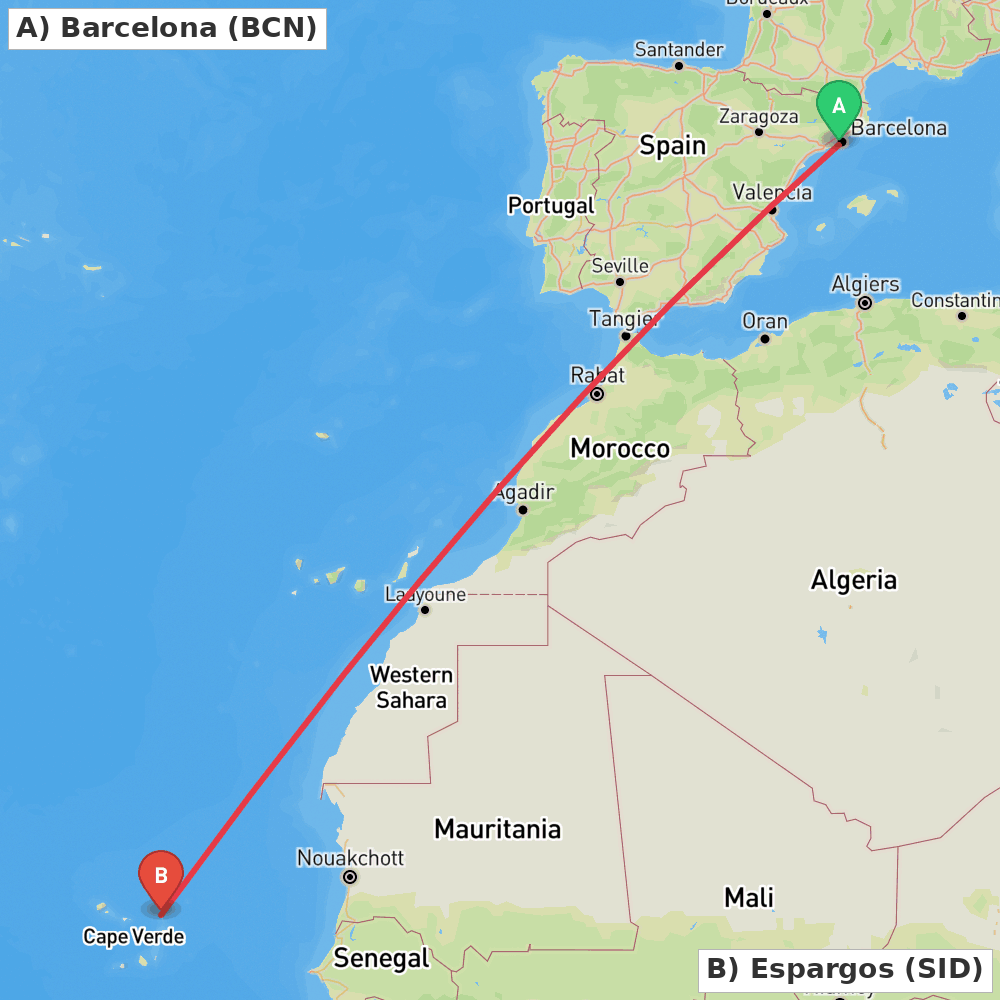 Flight route map from Barcelona to Espargos