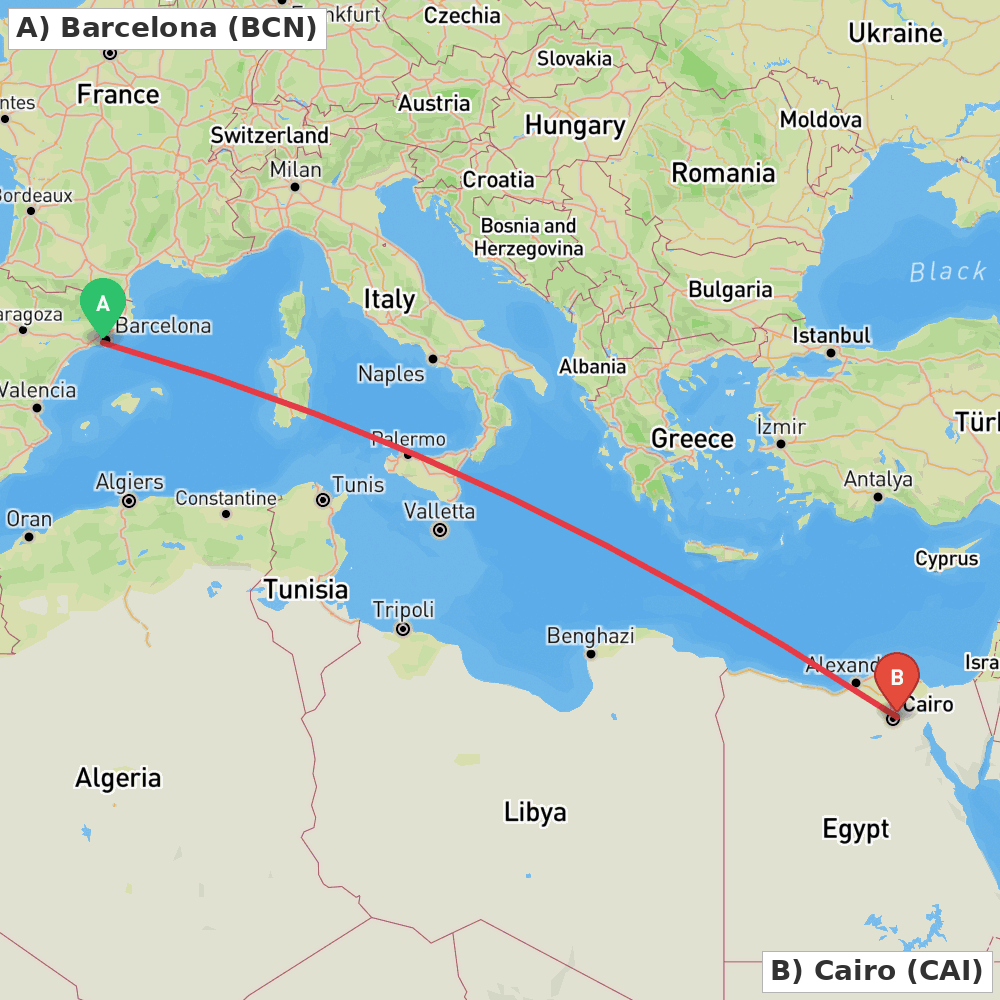 Flight route map from Barcelona to Cairo