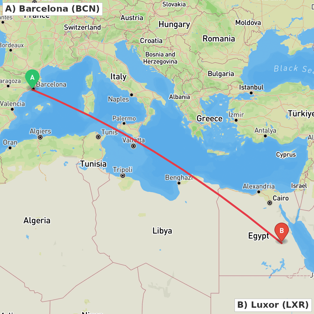 Flight route map from Barcelona to Luxor