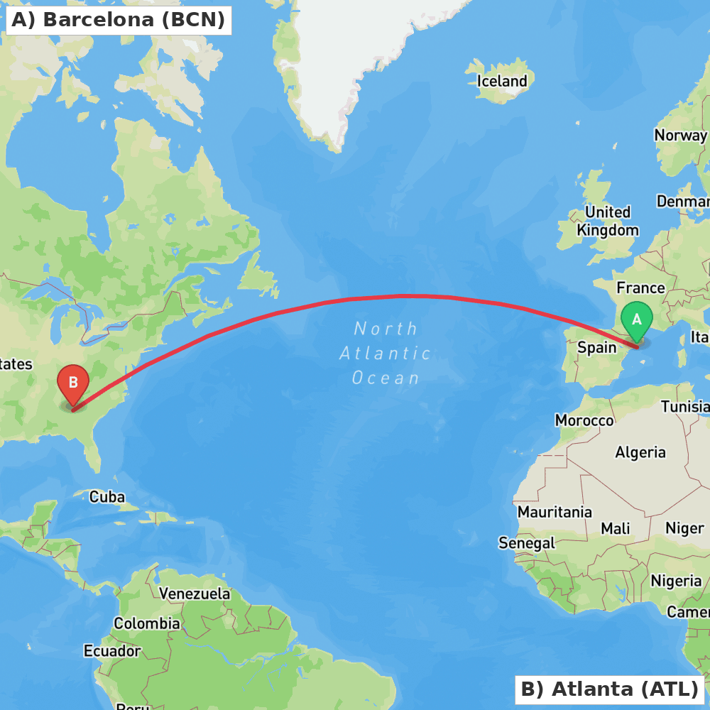 Flight route map from Barcelona to Atlanta
