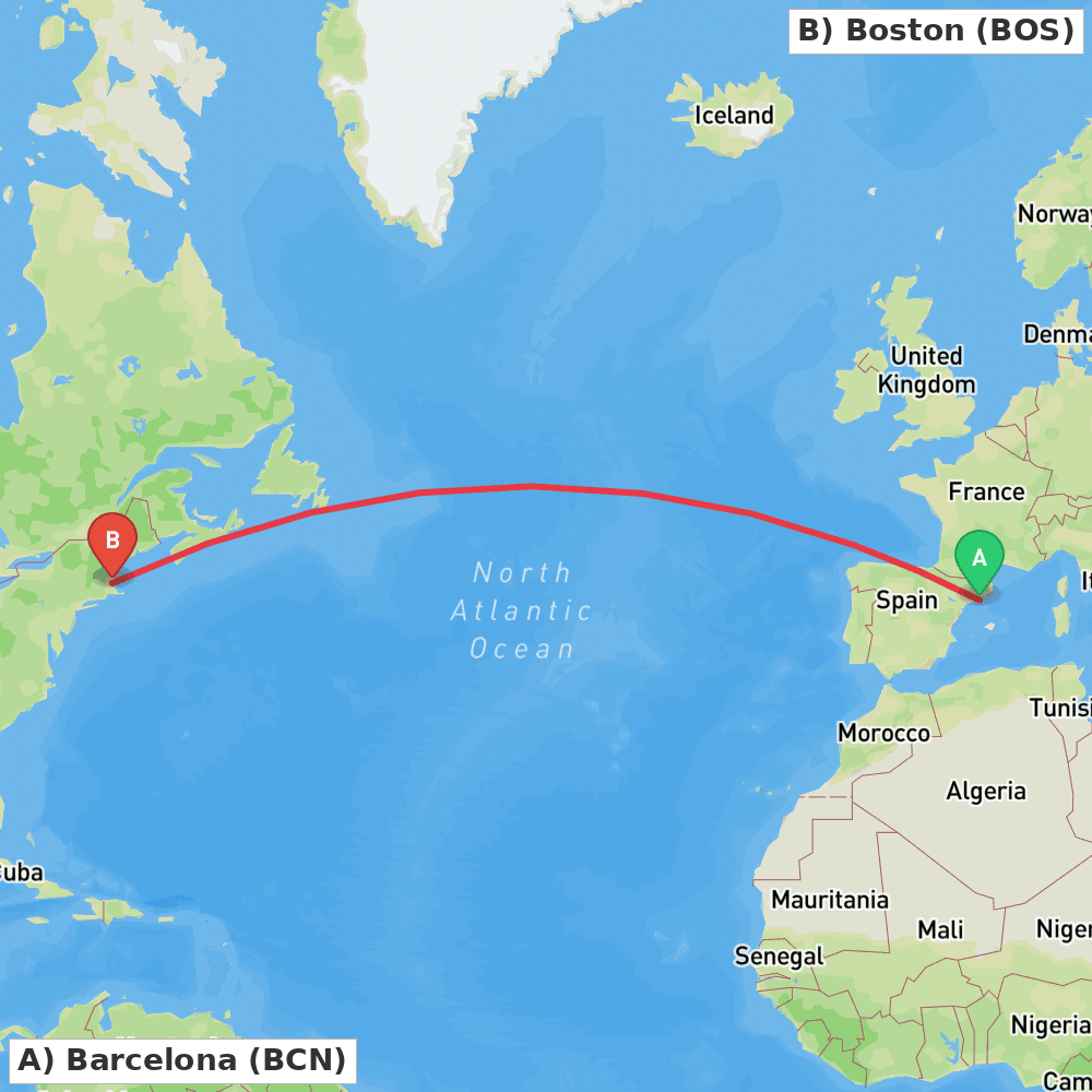 Flight route map from Barcelona to Boston