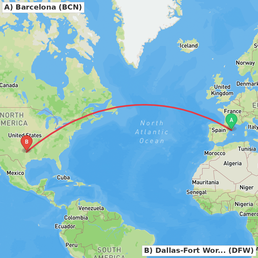 Flight route map from Barcelona to Dallas-Fort Worth
