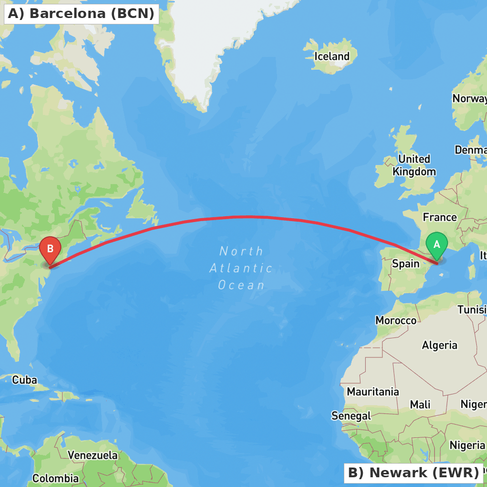 Flight route map from Barcelona to Newark