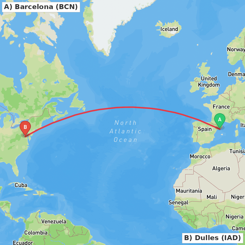 Flight route map from Barcelona to Dulles