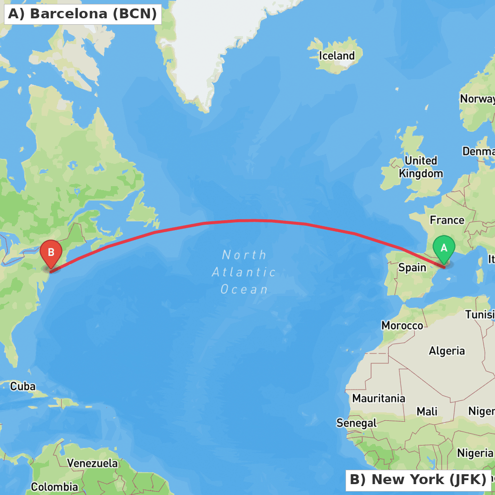 Flight route map from Barcelona to New York