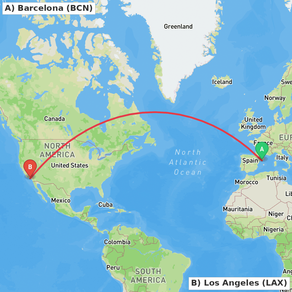 Flight route map from Barcelona to Los Angeles