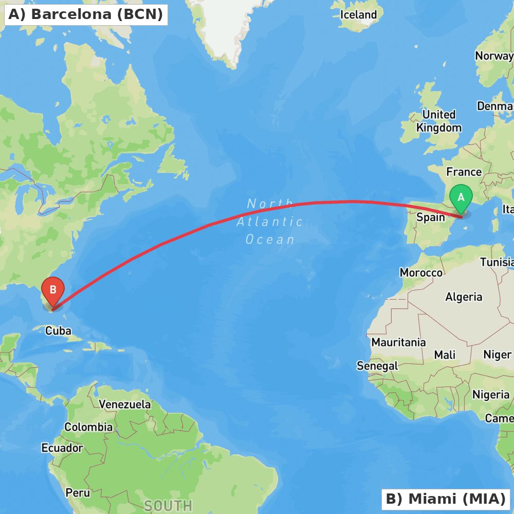 Flight route map from Barcelona to Miami
