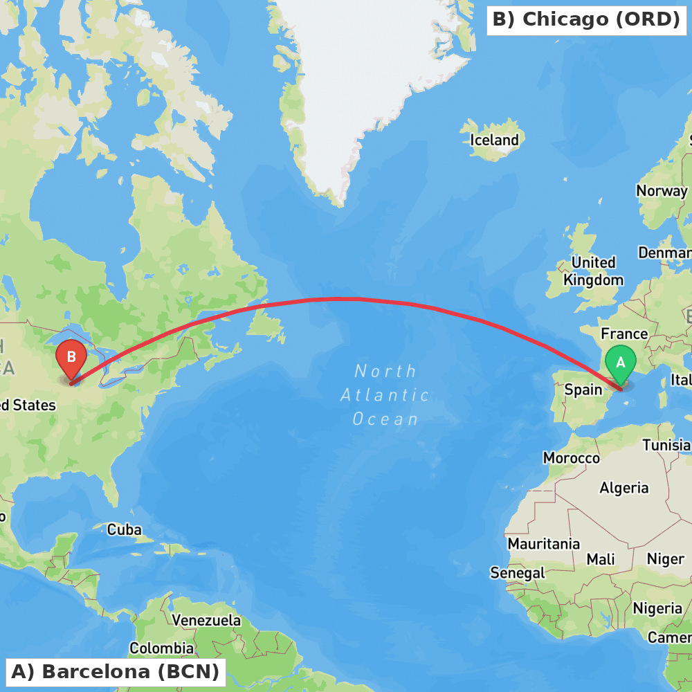 Flight route map from Barcelona to Chicago
