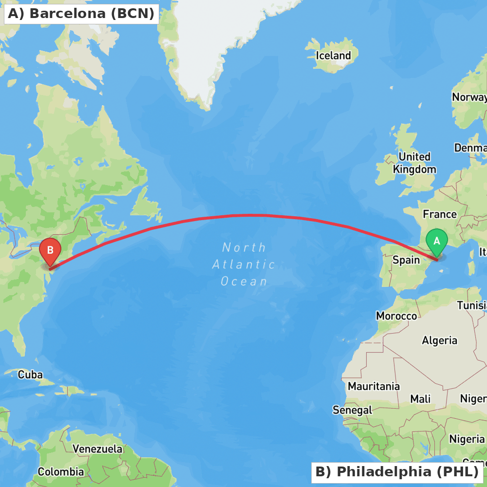 Flight route map from Barcelona to Philadelphia