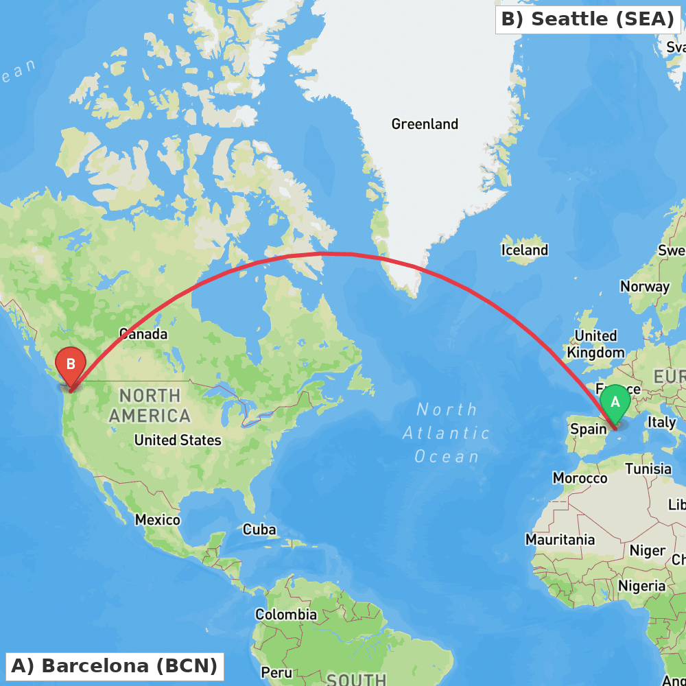 Flight route map from Barcelona to Seattle