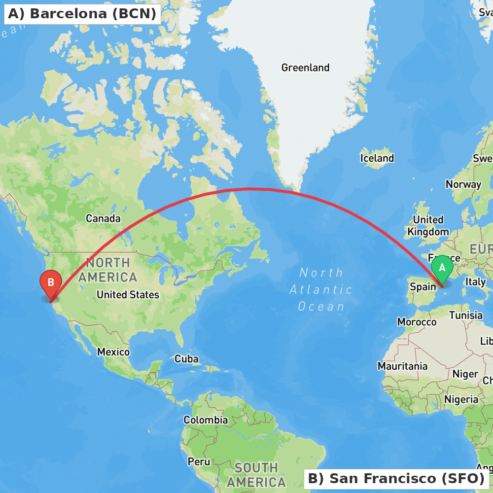 Flight route map from Barcelona to San Francisco
