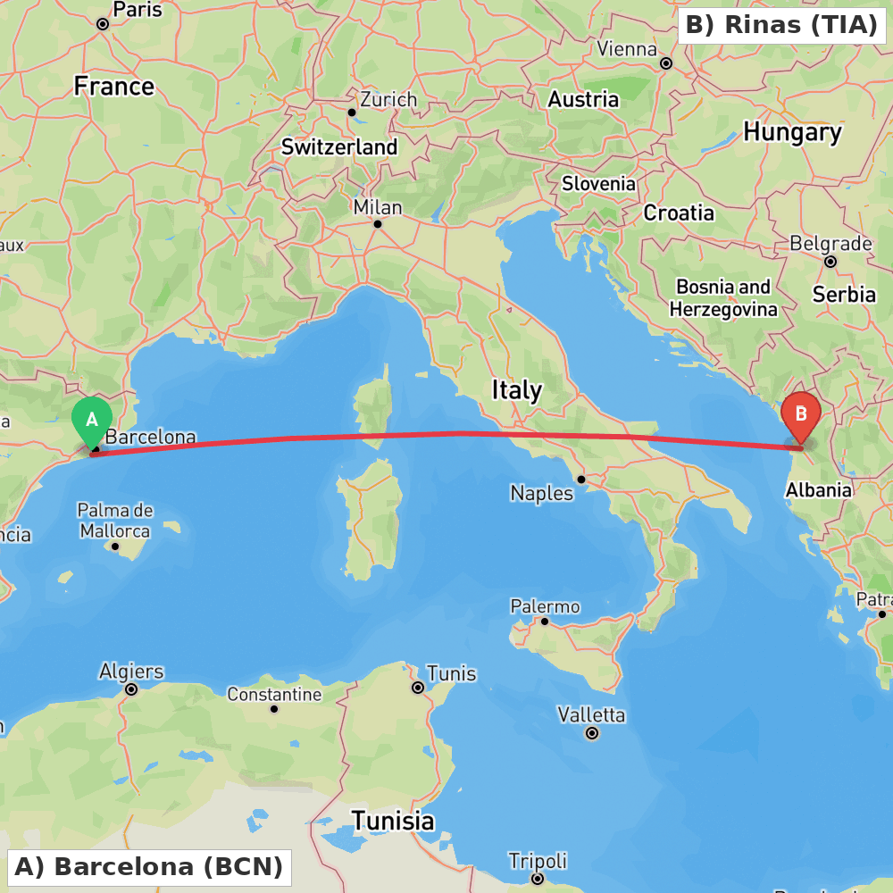 Flight route map from Barcelona to Rinas