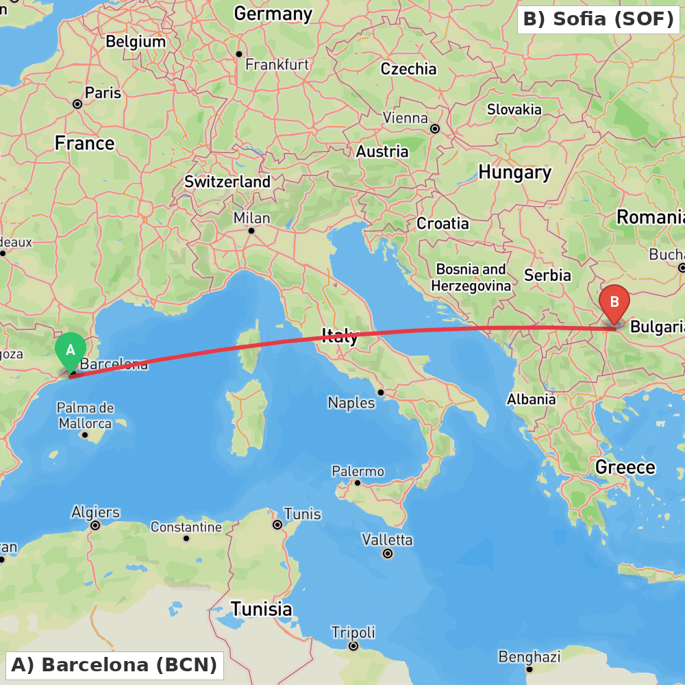 Flight route map from Barcelona to Sofia