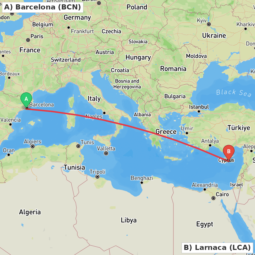 Flight route map from Barcelona to Larnaca