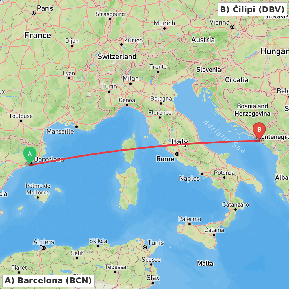 Flight route map from Barcelona to Čilipi