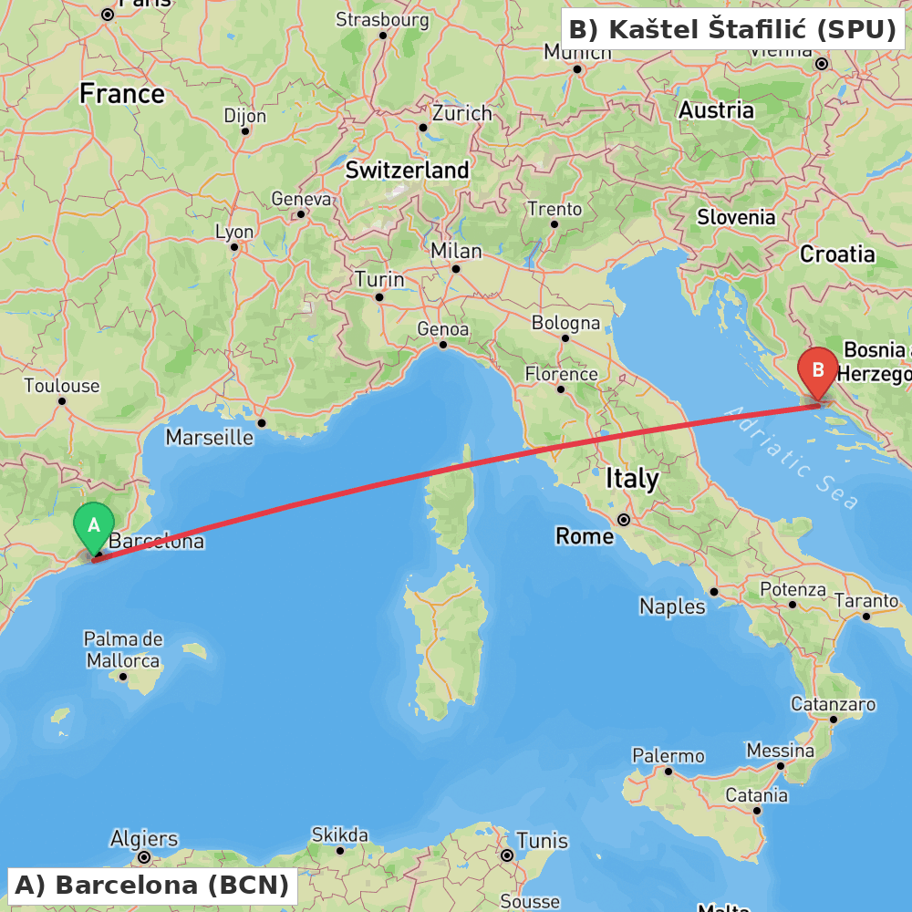 Flight route map from Barcelona to Kaštel Štafilić