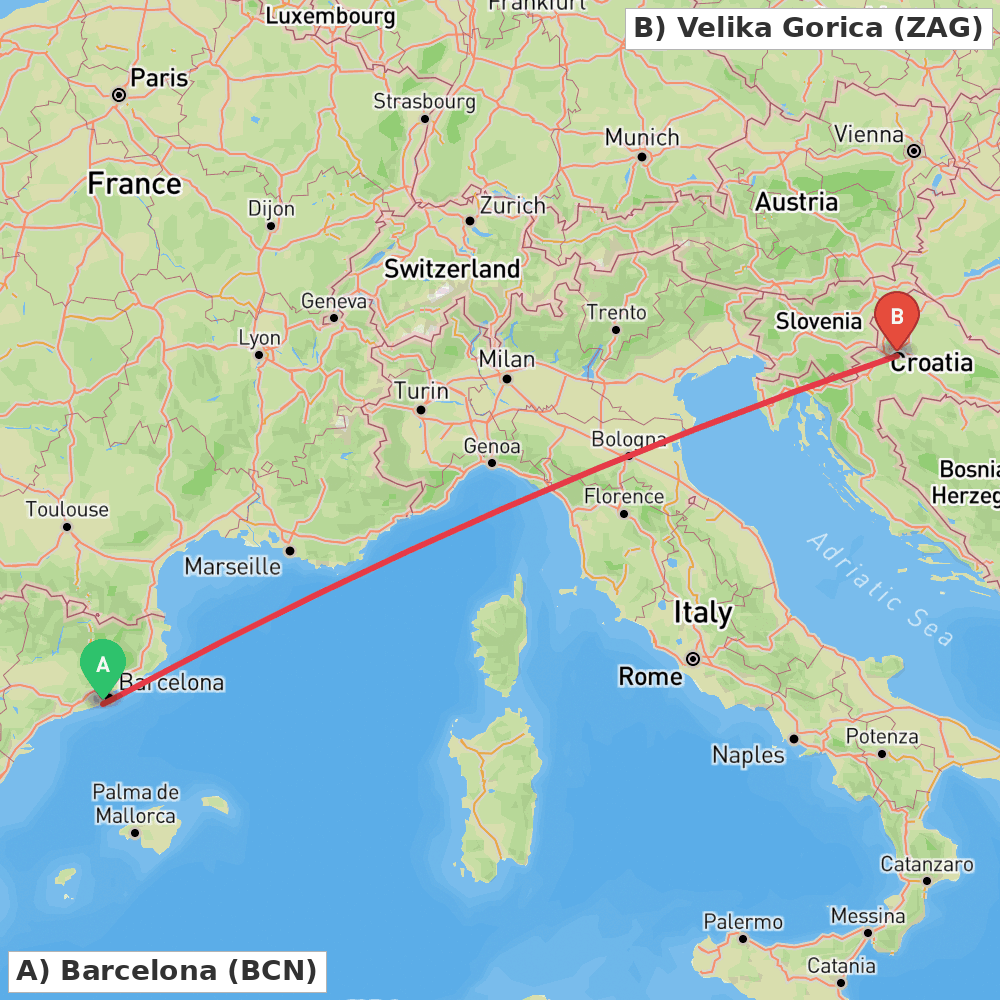Flight route map from Barcelona to Velika Gorica
