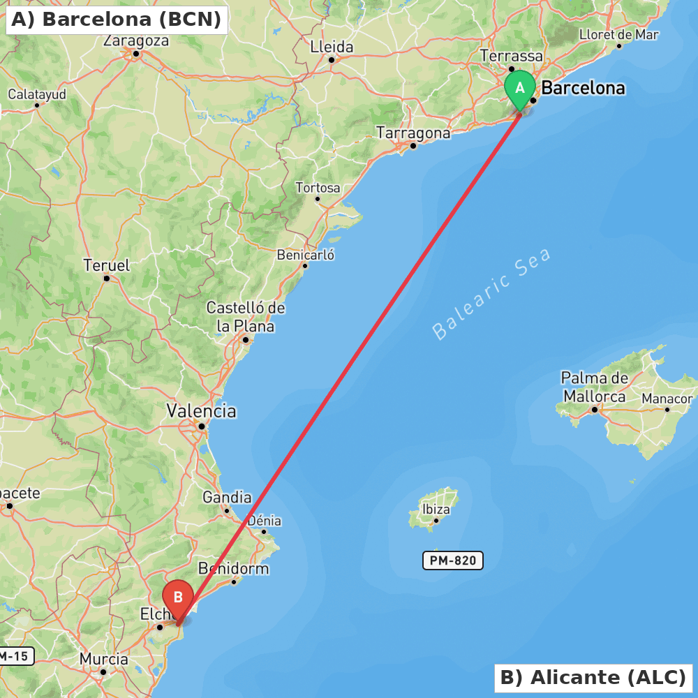 Flight route map from Barcelona to Alicante