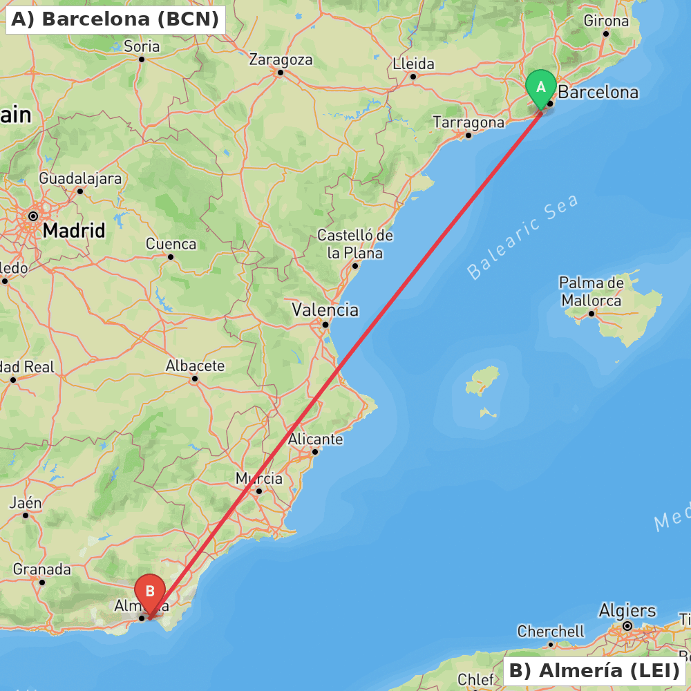 Flight route map from Barcelona to Almería