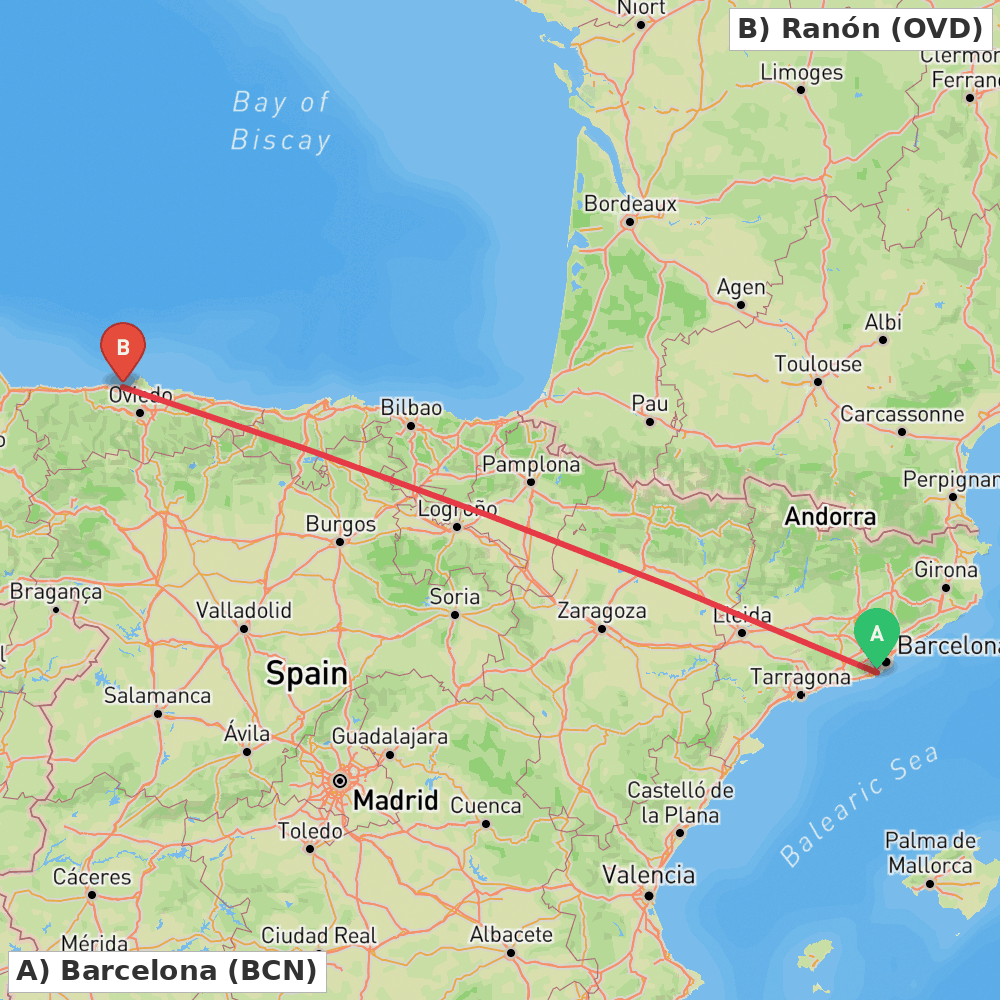 Flight route map from Barcelona to Ranón