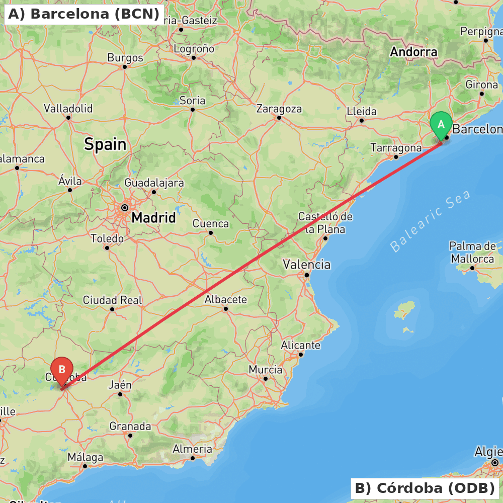 Flight route map from Barcelona to Córdoba