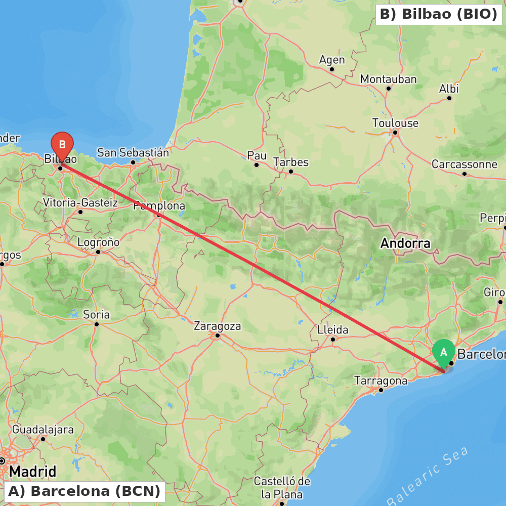 Flight route map from Barcelona to Bilbao