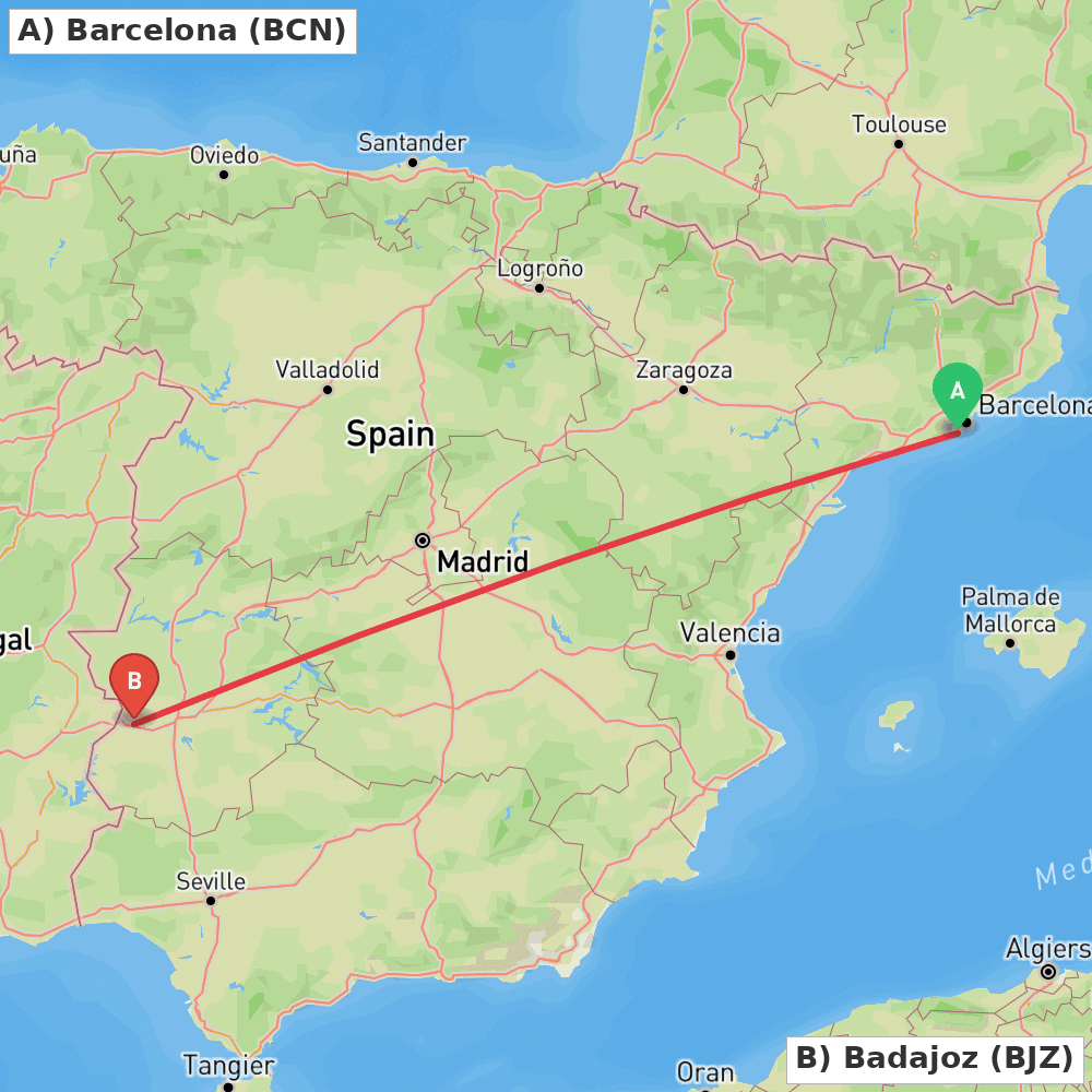 Flight route map from Barcelona to Badajoz
