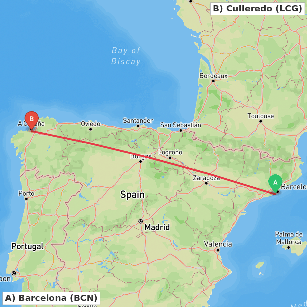 Flight route map from Barcelona to Culleredo
