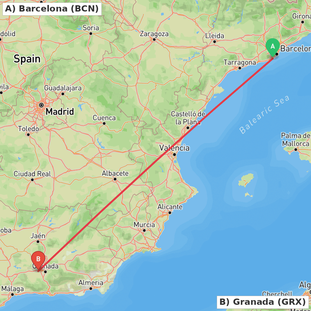 Flight route map from Barcelona to Granada