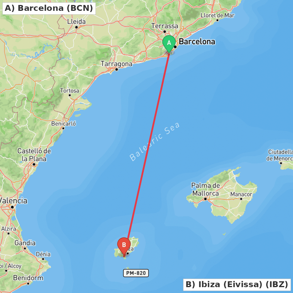 Flight route map from Barcelona to Ibiza (Eivissa)