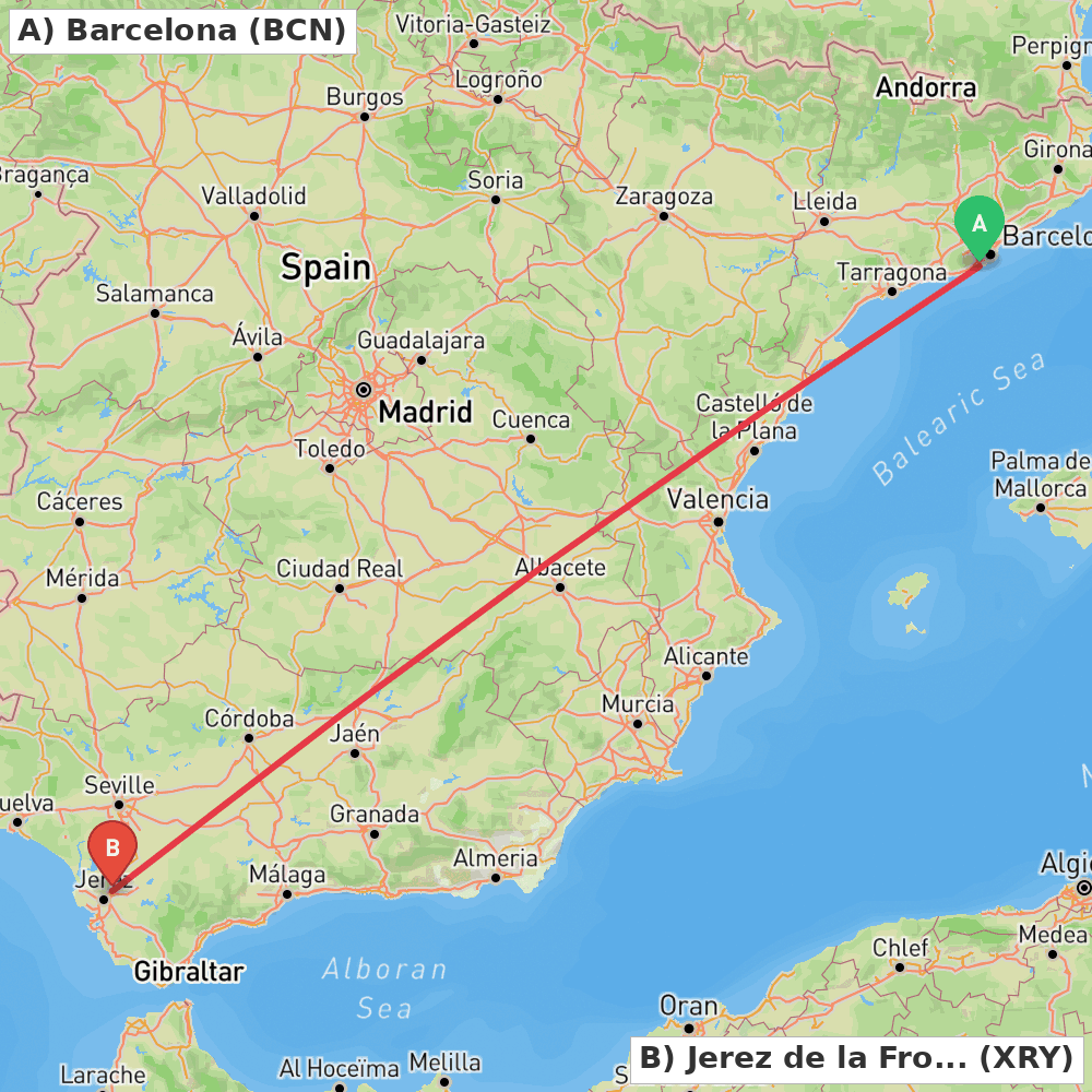 Flight route map from Barcelona to Jerez de la Frontera