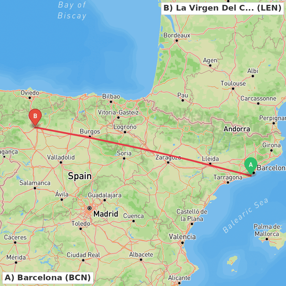 Flight route map from Barcelona to La Virgen Del Camino