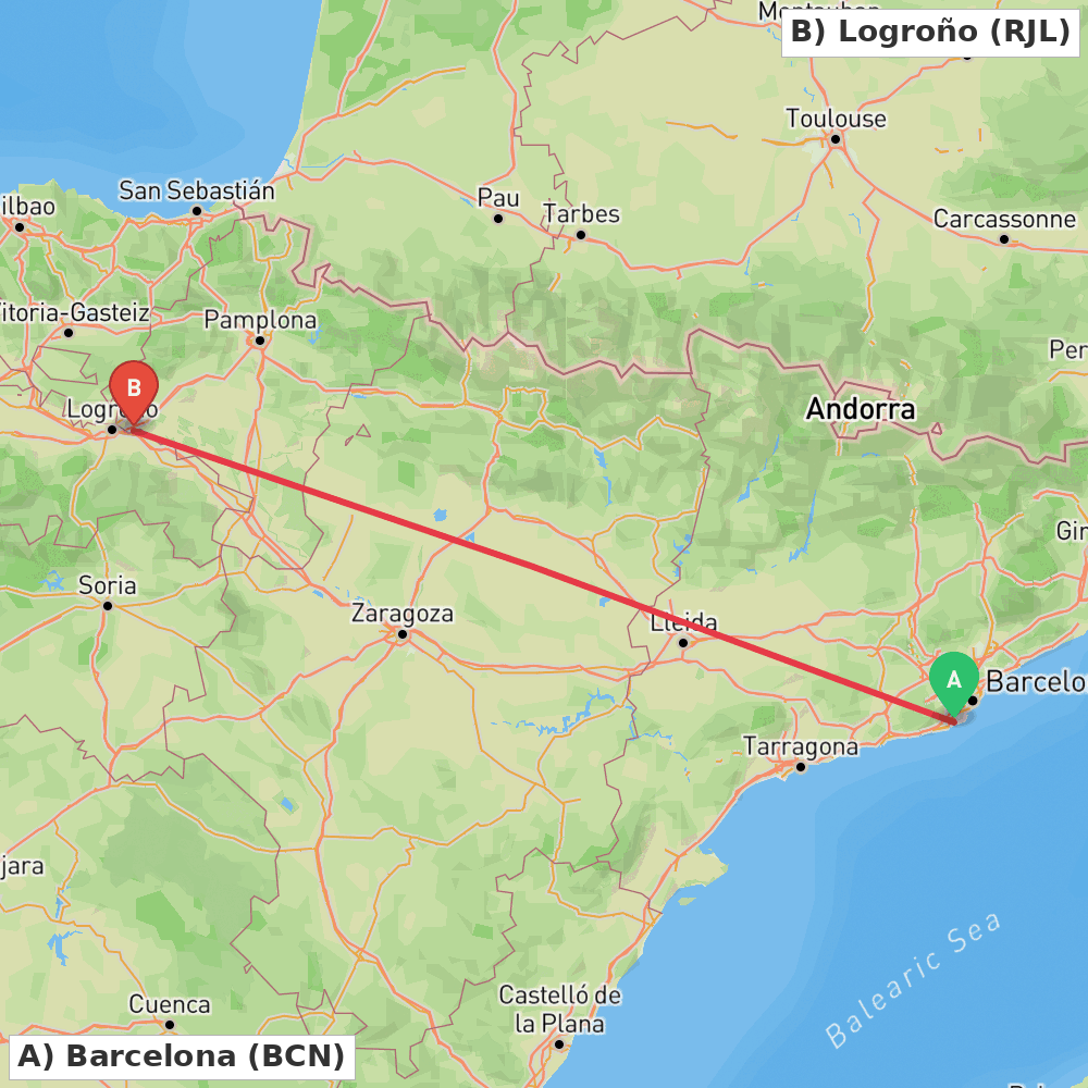 Flight route map from Barcelona to Logroño