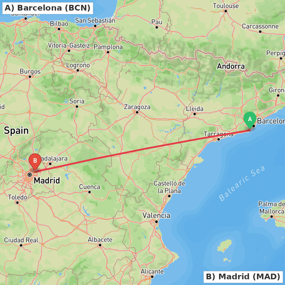 Flight route map from Barcelona to Madrid