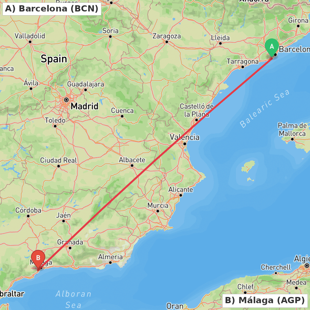 Flight route map from Barcelona to Málaga