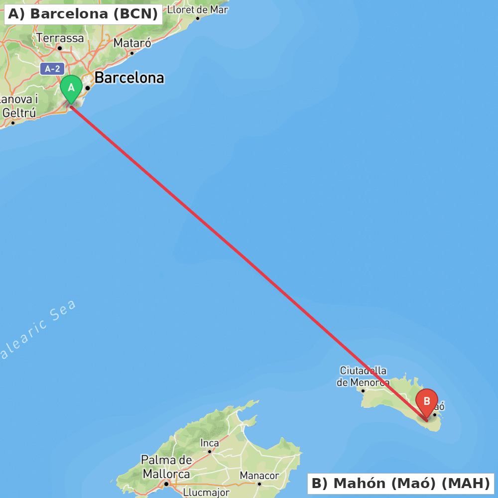 Flight route map from Barcelona to Mahón (Maó)
